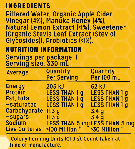 manuka honey & lemon 330ml product label